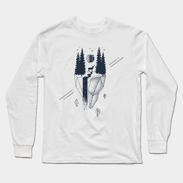 Creative Illustration In Geometric Style. Nature, Deer, Forest And River Long Sleeve T-Shirt by SlothAstronaut